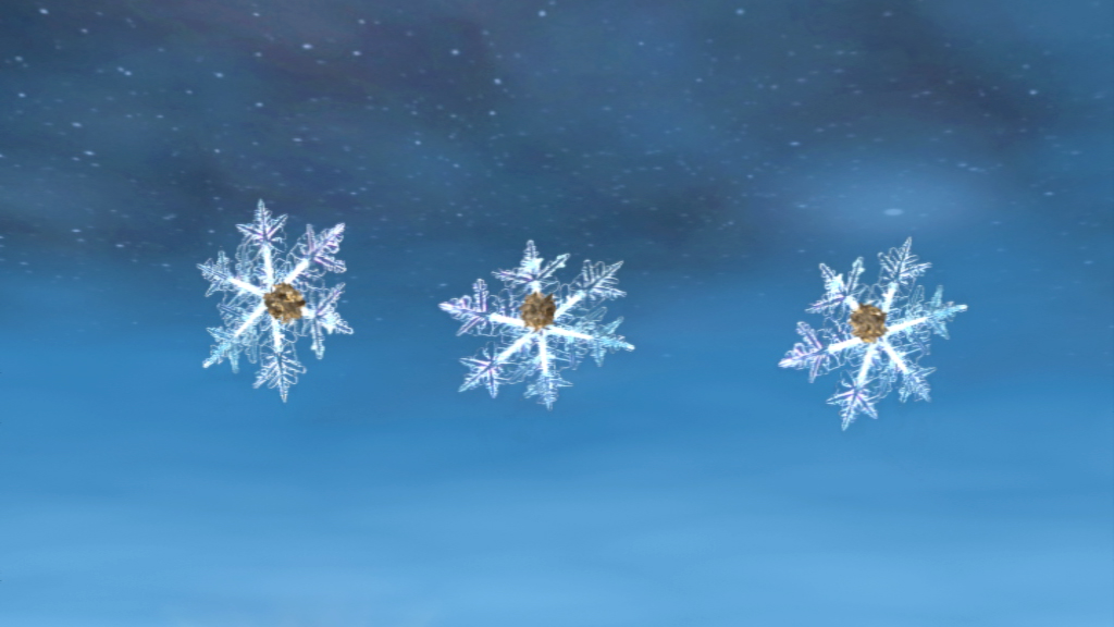 Drei funkelnde Schneeflocken vor einem blauen Himmel.