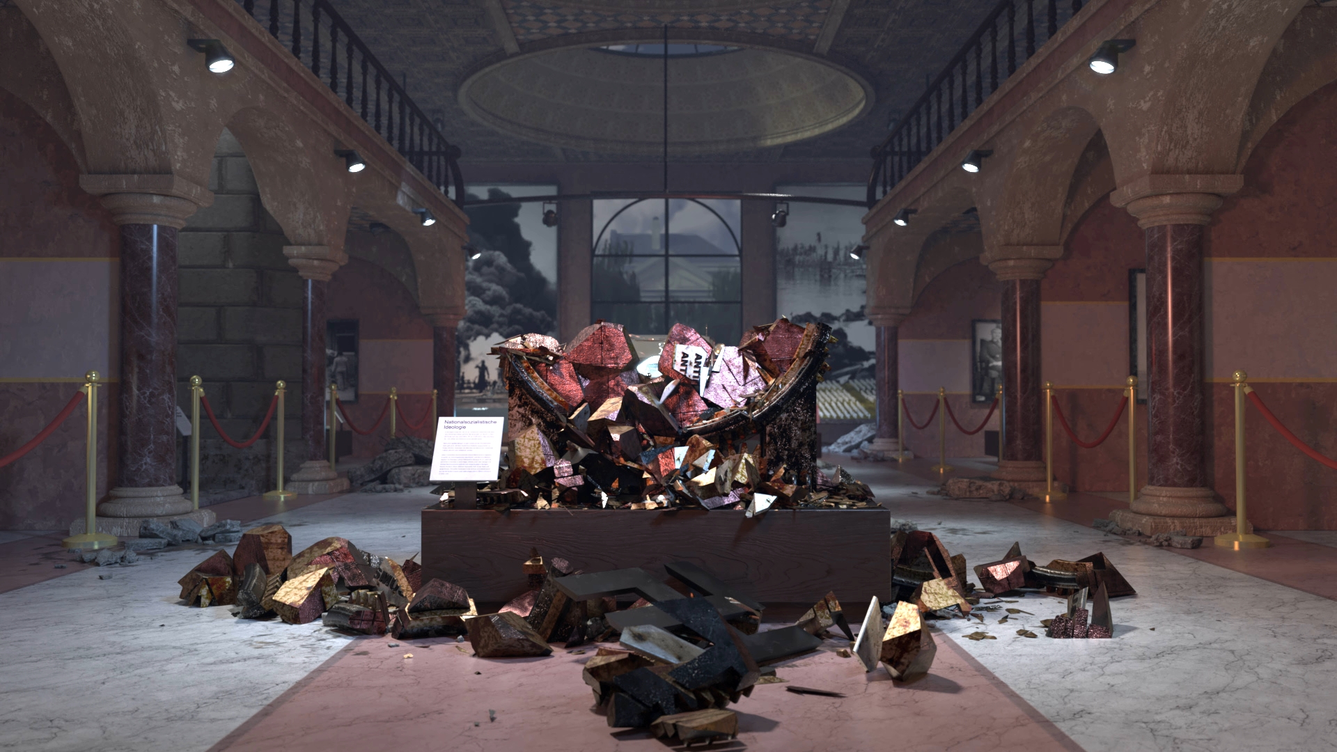 Ein zerstörtes Ausstellungsstück in einem Museum, umgeben von Trümmern und Absperrungen.