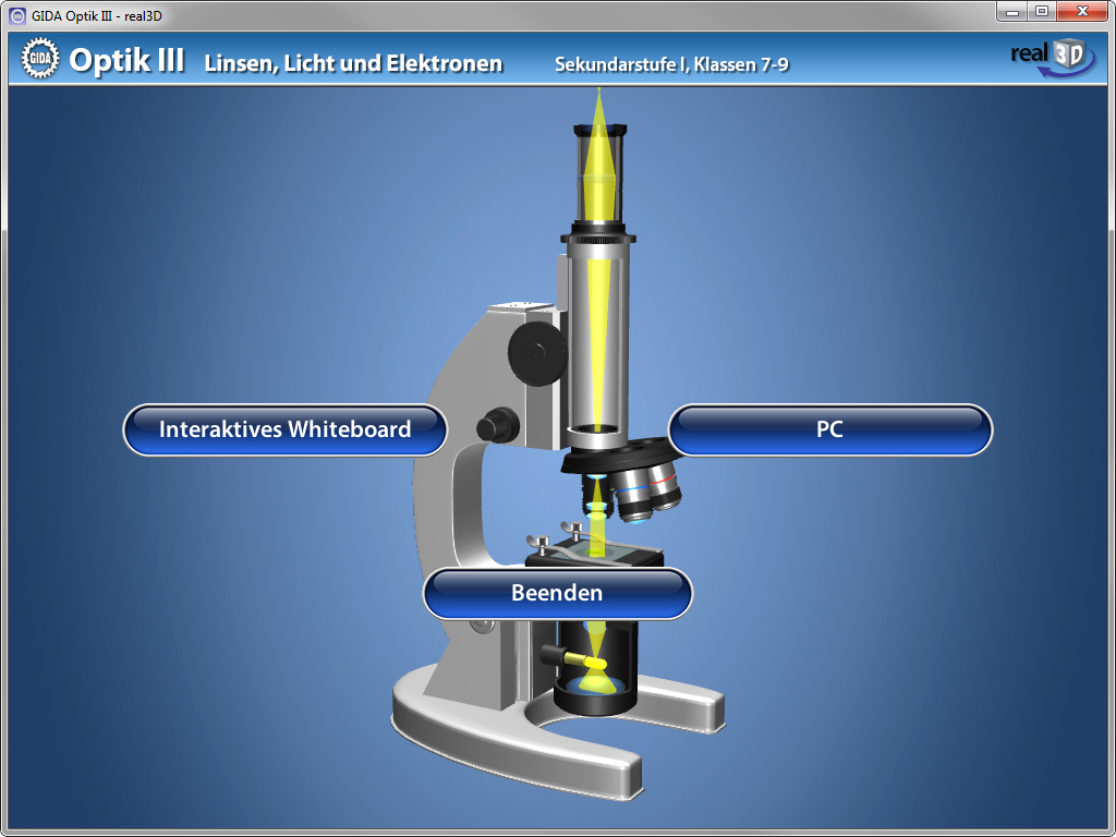 Menü der Software "Optik III – Linsen, Licht und Elektronen".