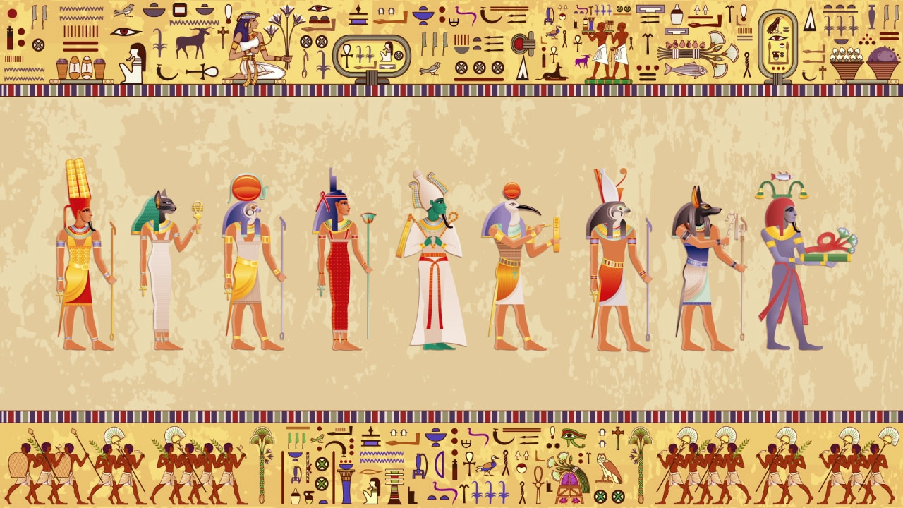 Darstellung ägyptischer Götter in traditioneller Kleidung, mit Symbolen und Hieroglyphen im Hintergrund.