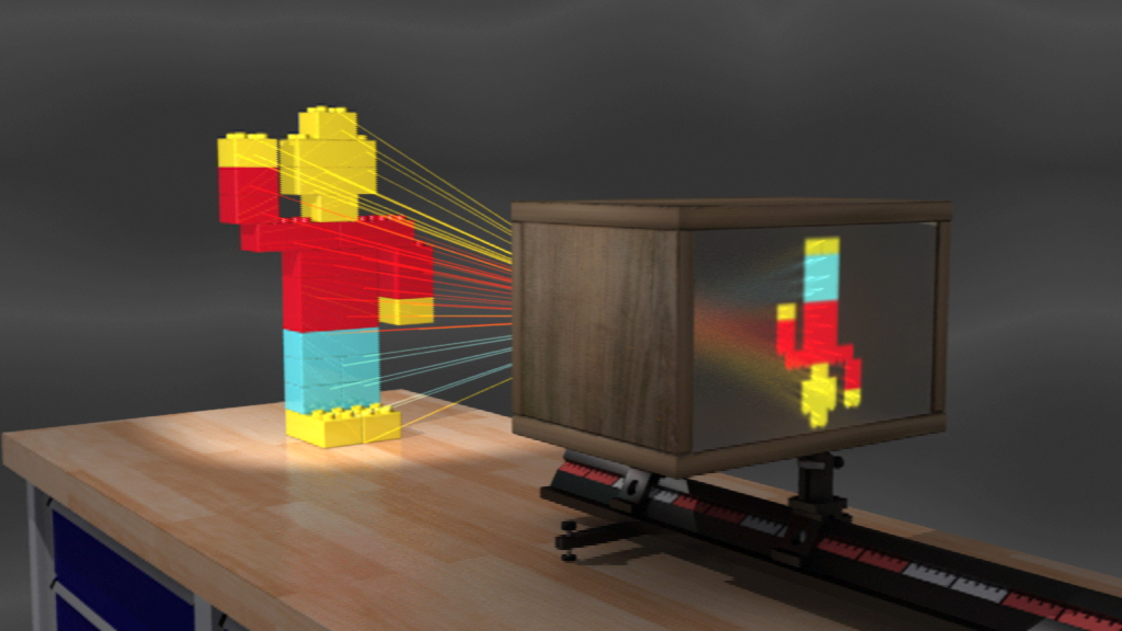 Ein Modell einer Figur, die mit einem Fernseher interagiert, wobei Lichtstrahlen von der Figur zum Bildschirm strahlen.