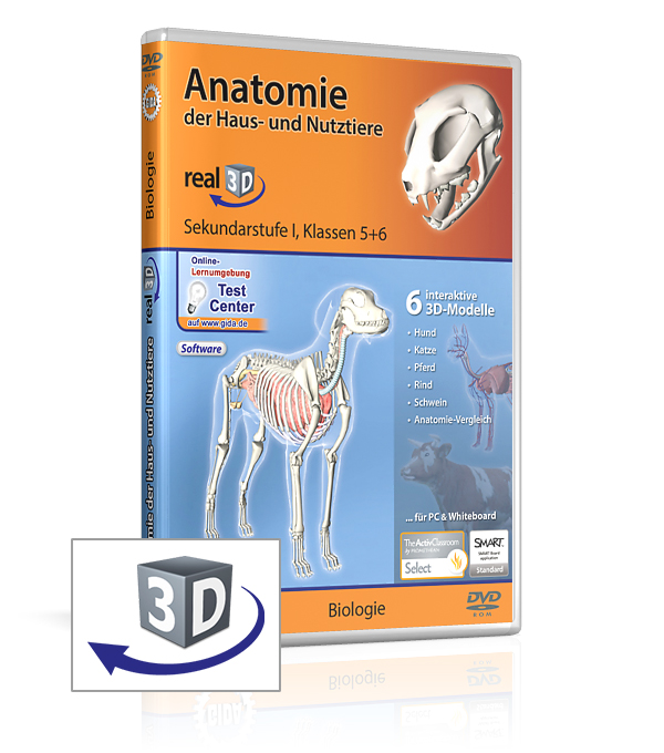 DVD-Cover für 'Anatomie der Haus- und Nutztiere' mit 3D-Modellen und interaktiven Inhalten für Biologieunterricht.