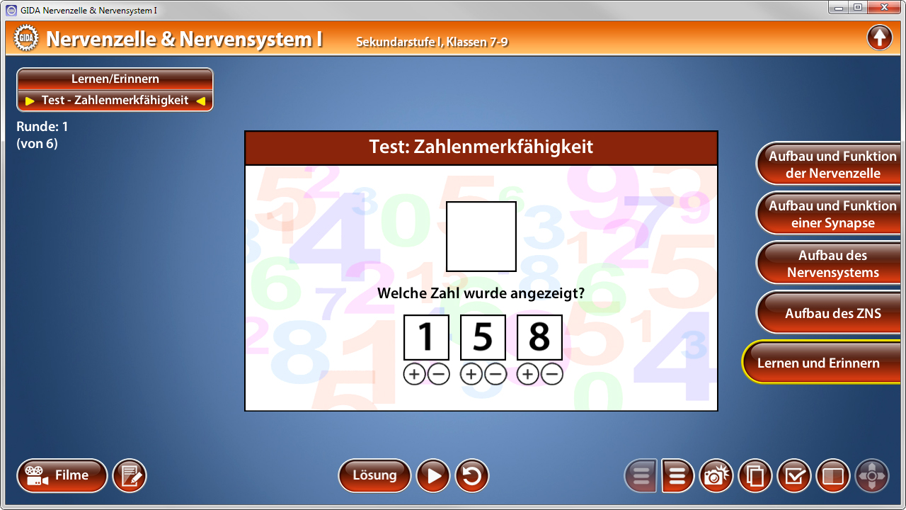 Ein Bildschirm mit einem Test zur Zahlenmerfähigkeit, zeigt die Zahl '158' an und fragt, welche Zahl angezeigt wurde.