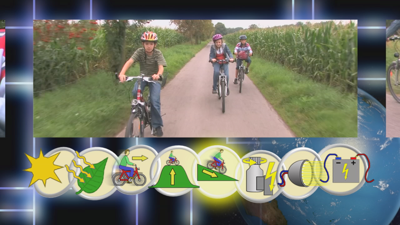 Drei Kinder fahren auf Fahrrädern einen Weg entlang, umgeben von Pflanzen.