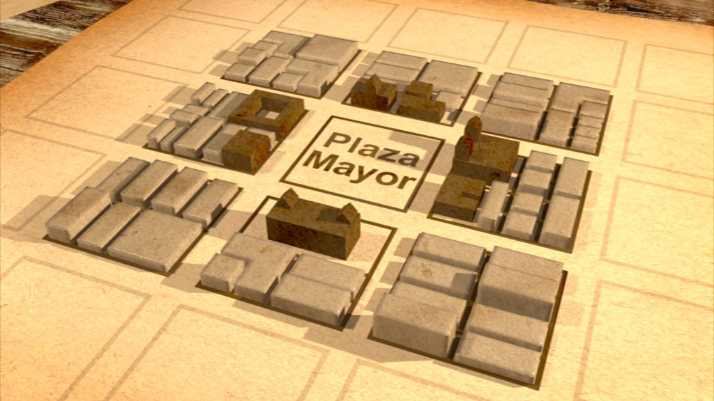 3D-Modell eines Stadtplans mit dem zentralen Platz 'Plaza Mayor' umgeben von Gebäuden.