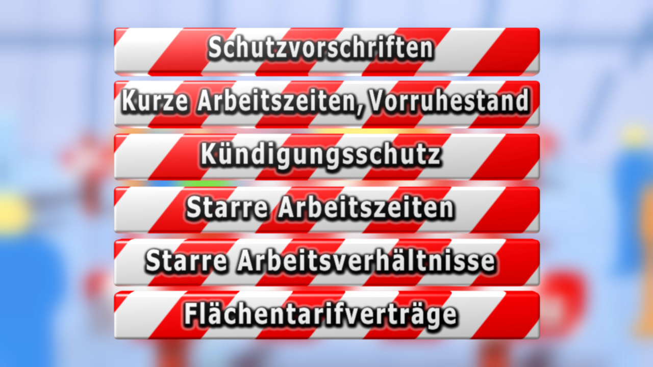 Liste von Arbeitsbedingungen und Vorschriften, darunter Kündigungsschutz und starre Arbeitszeiten.
