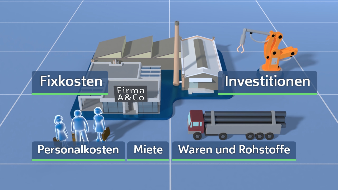 Grafik, die die Kostenstruktur eines Unternehmens zeigt: Fixkosten, Personal- und Mietkosten sowie Investitionen in Waren und Rohstoffe.