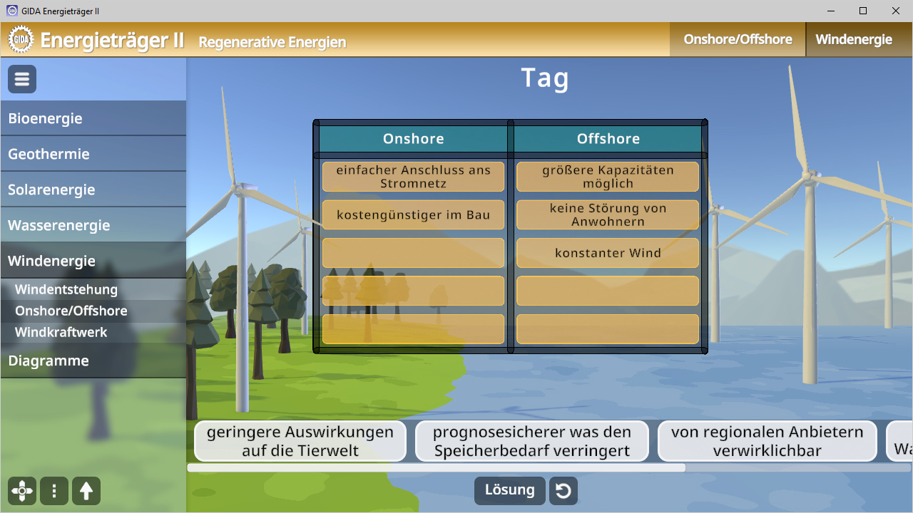 Interaktive Darstellung von Onshore- und Offshore-Windenergie mit Vor- und Nachteilen.