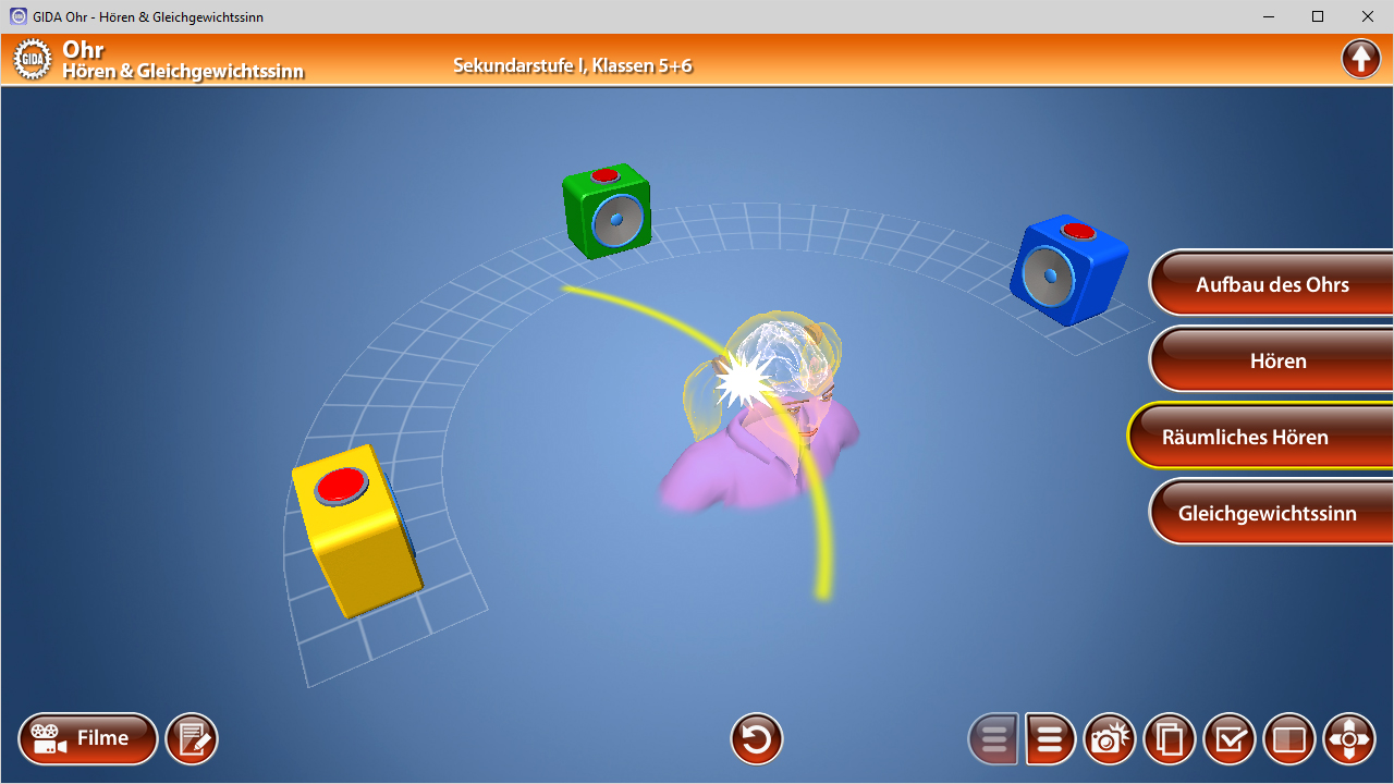 Interaktive Lernanwendung zum Thema Ohr und Gleichgewichtssinn, zeigt geometrische Formen und Klangquellen.