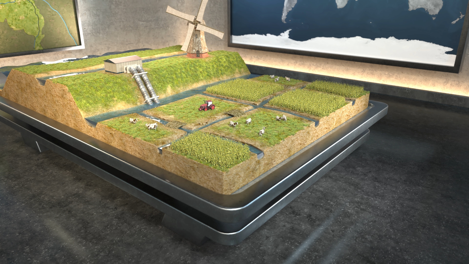 Modell eines Deiches mit Feldern, Windmühle, Wasserkanälen, Traktor und Tieren in einem Ausstellungsraum
