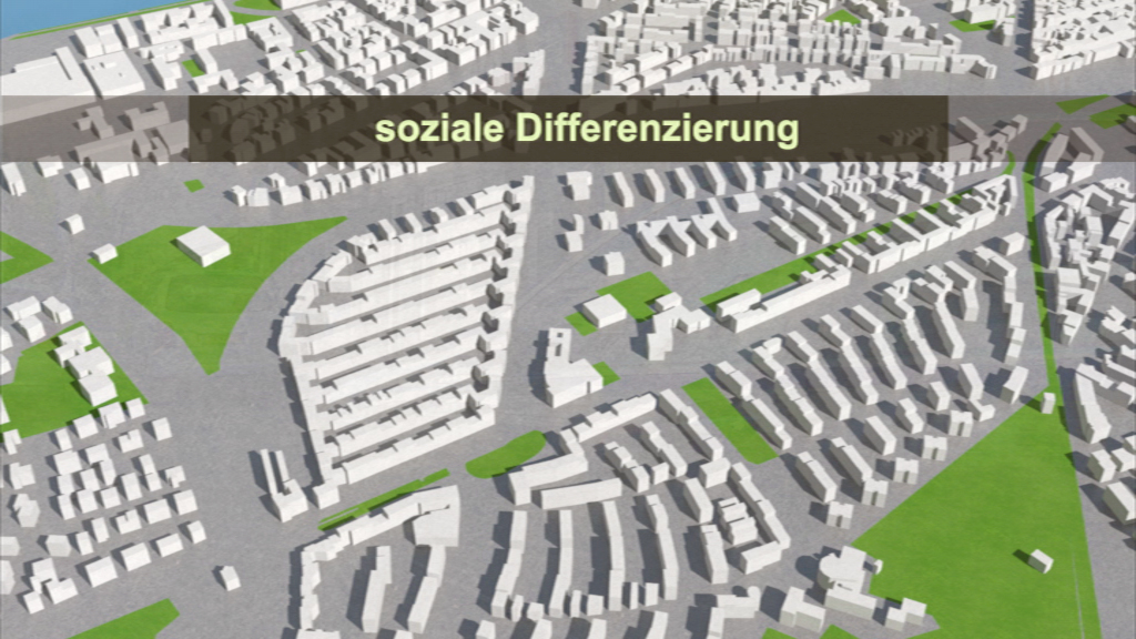 3D-Visualisierung einer Stadt mit dem Titel 'soziale Differenzierung', zeigt verschiedene Wohngebiete und Straßenanordnung.