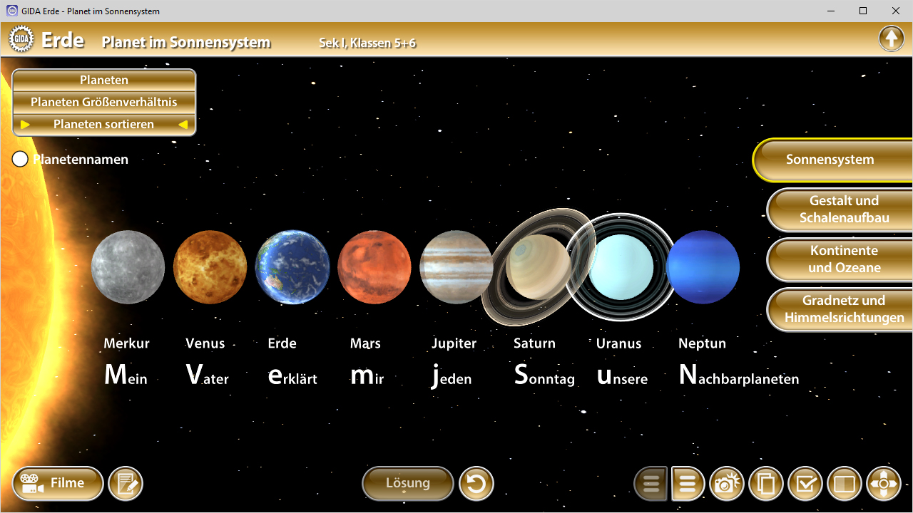 Darstellung des Sonnensystems mit Planeten und deren Namen, einschließlich Erde, Merkur, Venus, Mars, Jupiter, Saturn, Uranus und Neptun.