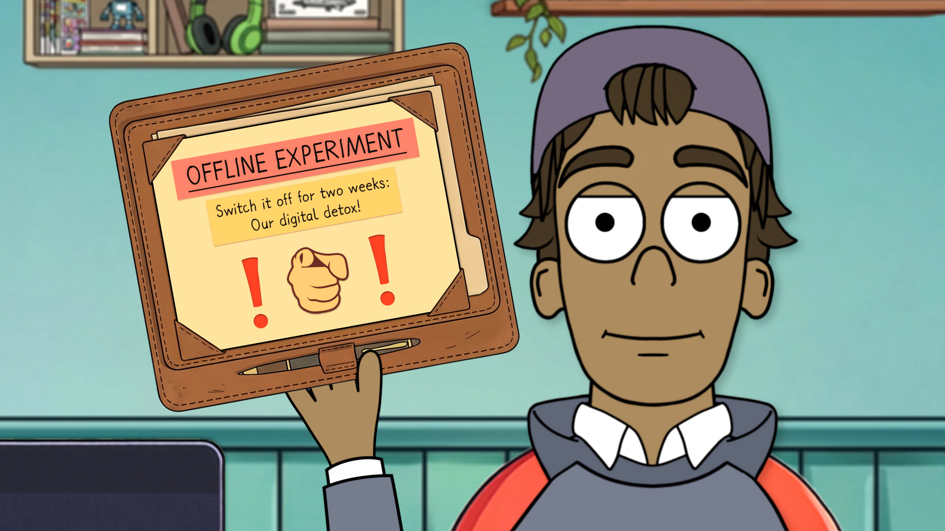 Animierte Person – Troy – mit lila Mütze und rotem Pullover hält ein Schild mit der Aufschrift 'OFFLINE EXPERIMENT Switch it off for two weeks: Our digital detox!'