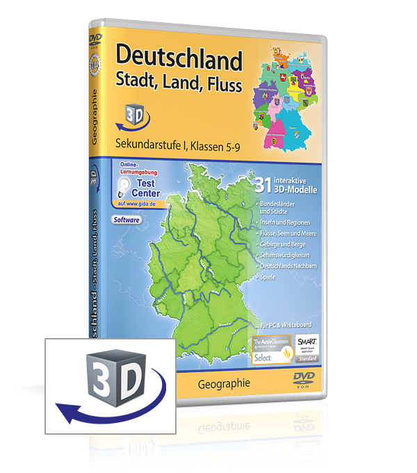 Deutschland - Stadt, Land, Fluss DVD-Cover für 'Deutschland Stadt, Land, Fluss' mit interaktiven 3D-Modellen für Geografieunterricht.