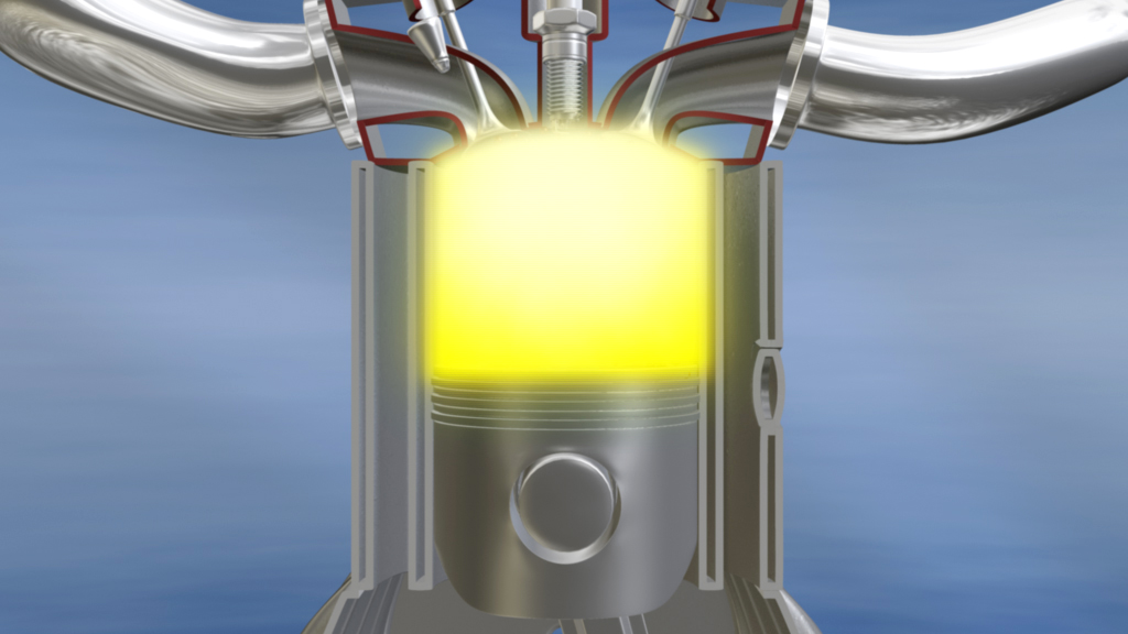 Animation eines Zylinders mit Kolben, der eine Verbrennung darstellt, gelbes Licht symbolisiert die Explosion.