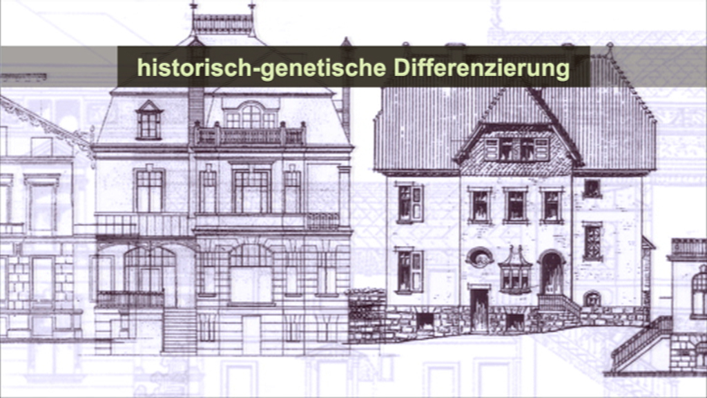Architektonische Zeichnungen von historischen Gebäuden mit dem Text 'historisch-genetische Differenzierung'.