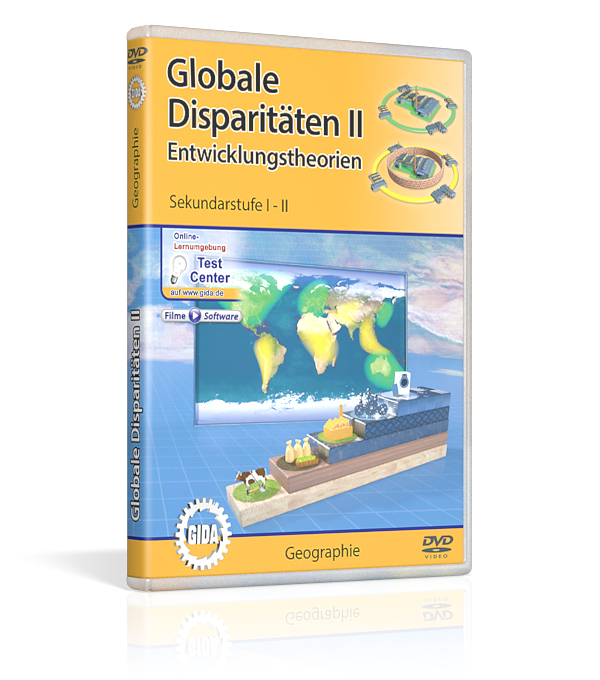 Globale Disparitäten II - Entwicklungstheorien DVD-Cover für 'Globale Disparitäten II: Entwicklungstheorien' mit einer Weltkarte und grafischen Darstellungen von Disparitäten.