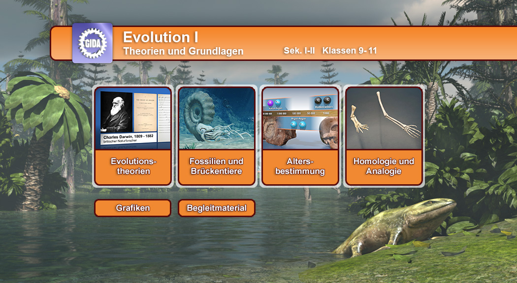 Menü des Films mit den Themen: Evolutionstheorien, Fossilien und Brückentiere, Altersbestimmung, Homologie und Analogie.