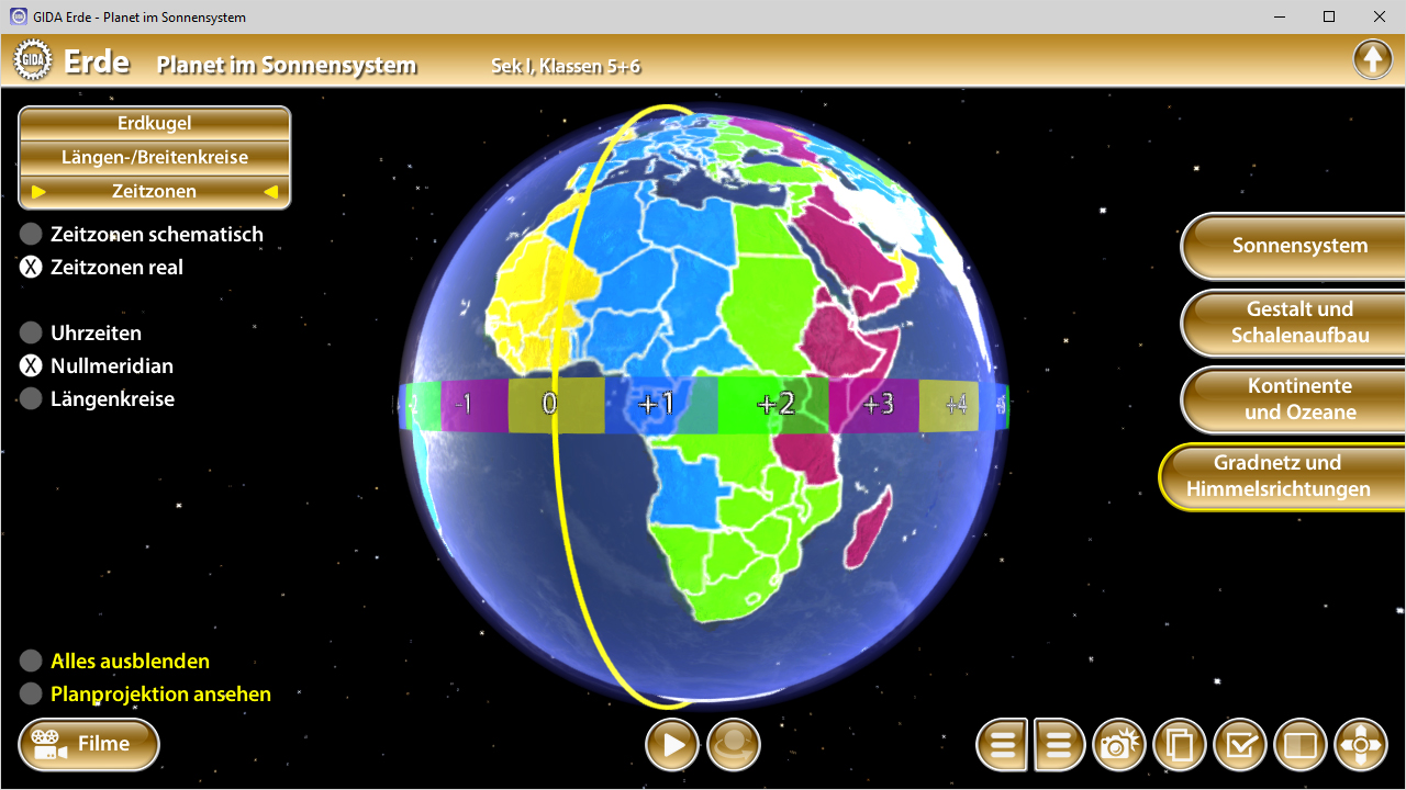 Interaktive Darstellung der Erde im Sonnensystem mit farblich markierten Zeitzonen und Kontinenten.