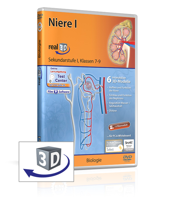 DVD zur Biologie mit dem Titel 'Niere I', enthält 6 interaktive 3D-Modelle für die Sekundarstufe I, Klassen 7-9.