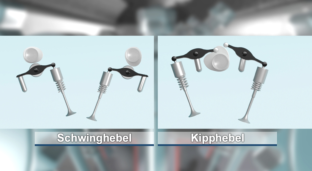 Vergleich zwischen Schwinghebel und Kipphebel mit schematischen Darstellungen der Mechanismen.