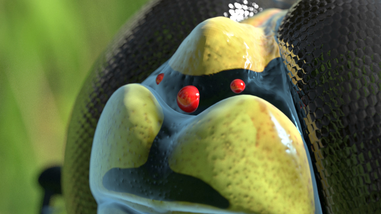 Nahaufnahme eines bunten Frosches mit gelber und schwarzer Haut und roten Punkten.