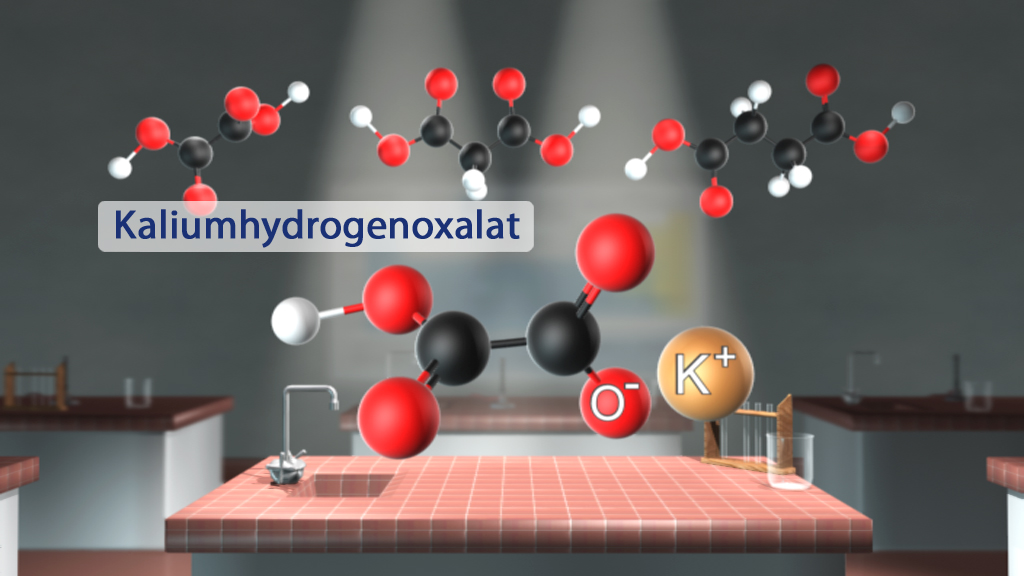 Molekülstruktur von Kaliumhydrogenoxalat mit chemischen Bindungen und Atomen in verschiedenen Farben.
