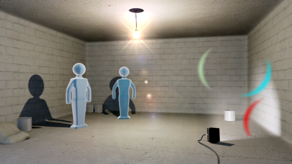 Zwei stilisierte Figuren stehen in einem leeren Raum mit einer Deckenlampe. Schatten sind an der Wand sichtbar.