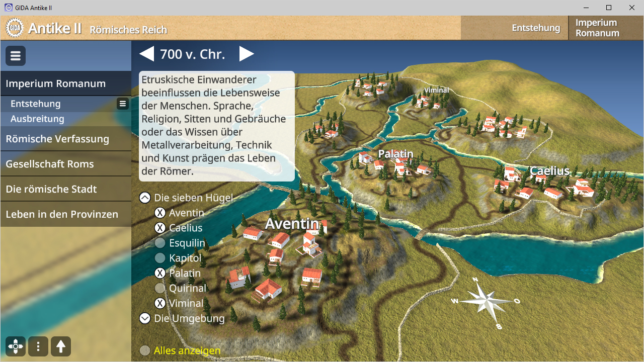 Interaktive Karte des Römischen Reiches um 700 v. Chr., zeigt Siedlungen und geografische Merkmale.