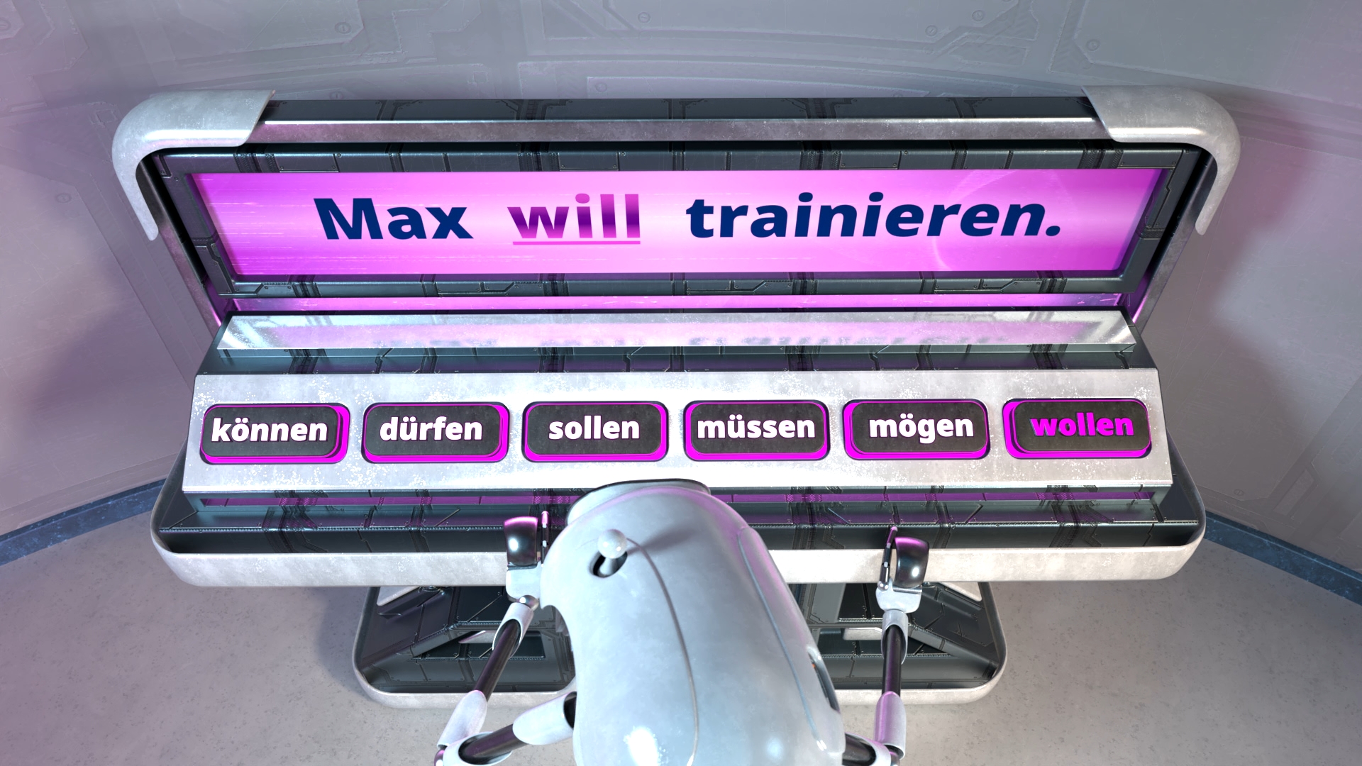 Bildschirm mit dem Satz 'Max will trainieren.' und darunter sieben Buttons mit den Wörtern 'können', 'dürfen', 'sollen', 'müssen', 'mögen', 'wollen', wobei 'will' und 'wollen' hervorgehoben sind.