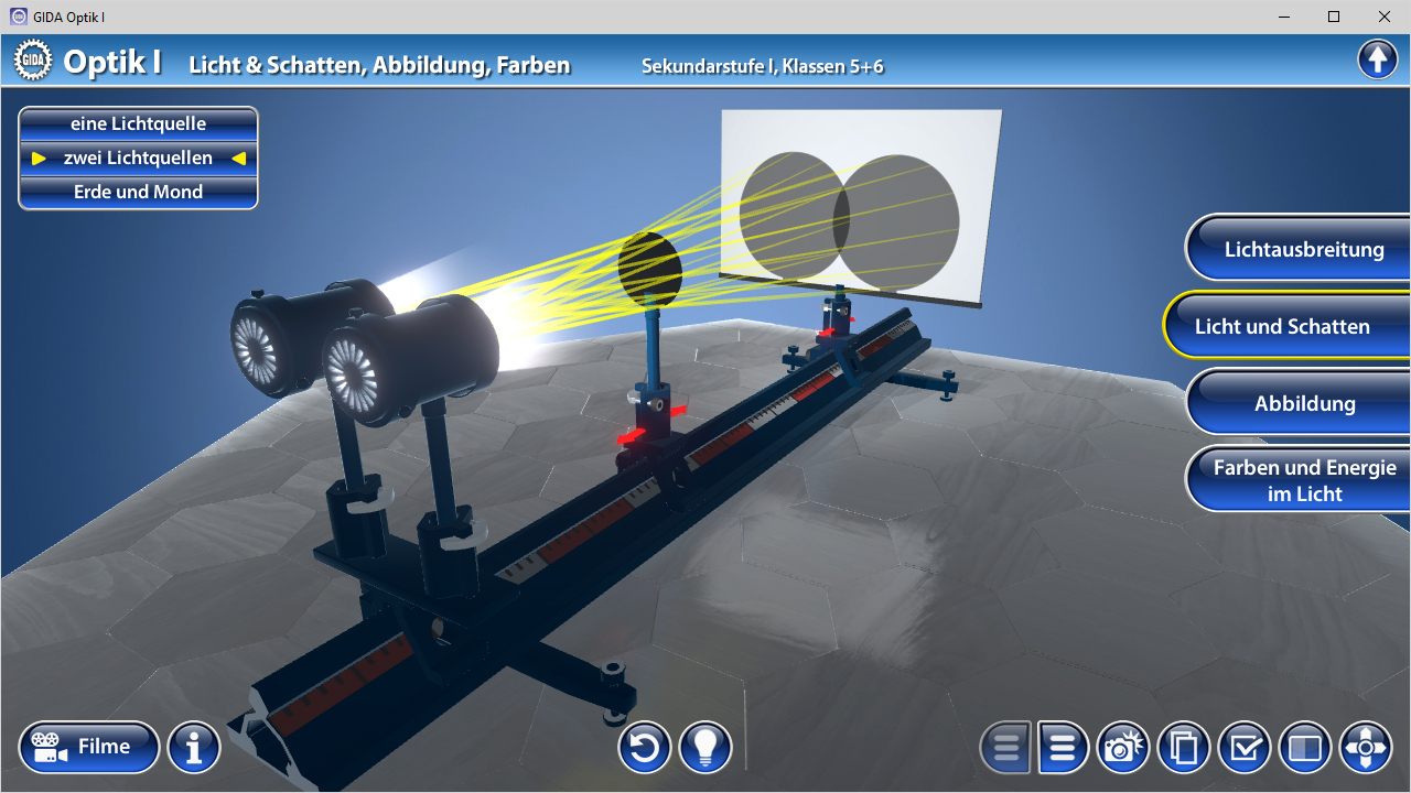 Interaktive Simulation zur Licht- und Schattenbildung mit zwei Lichtquellen, die auf eine Fläche projizieren.
