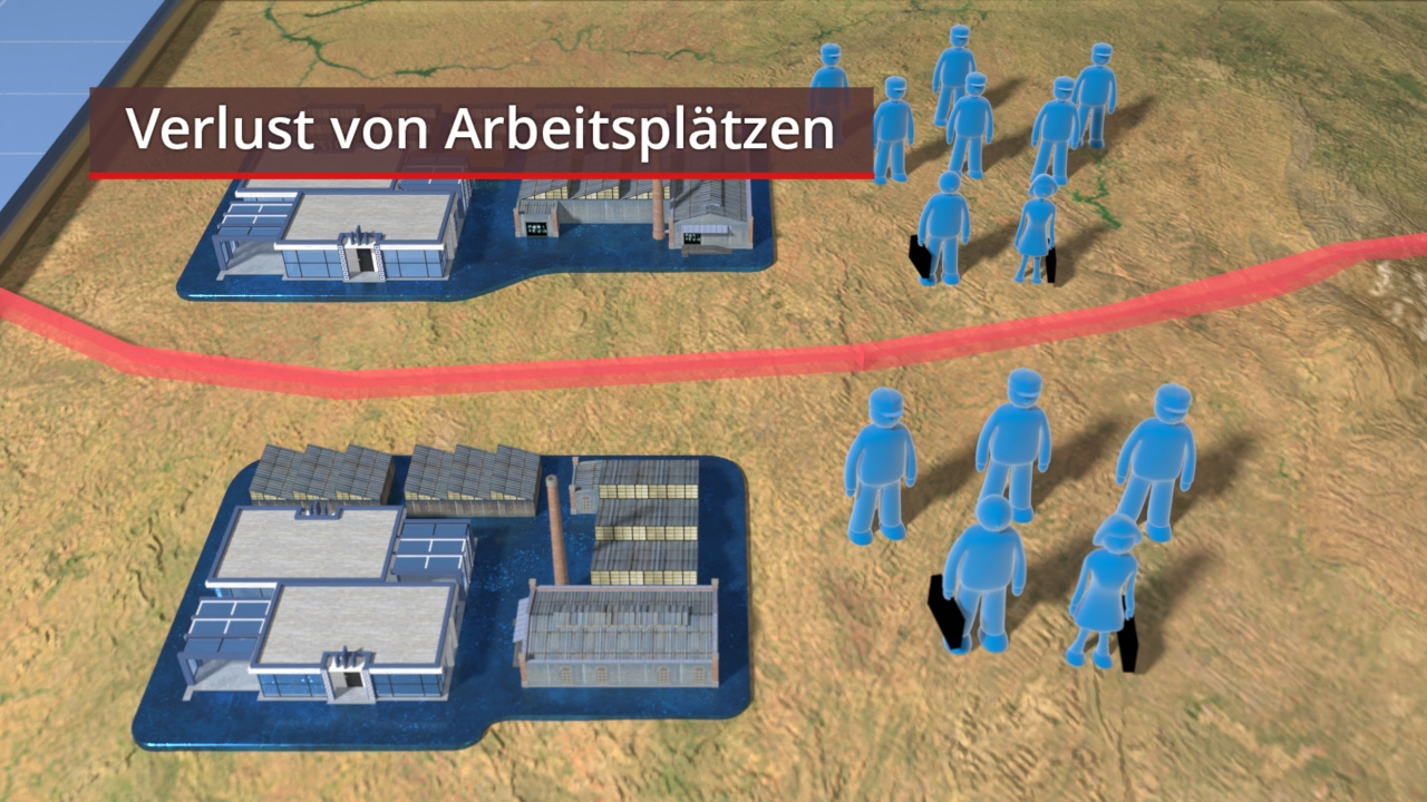 Grafik zeigt den Verlust von Arbeitsplätzen mit Fabriken und Menschenfiguren auf einer Karte.