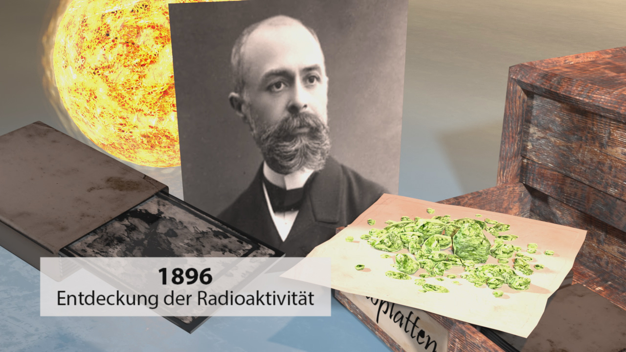 Historisches Bild von Henri Becquerel mit dem Text '1896 Entdeckung der Radioaktivität'.