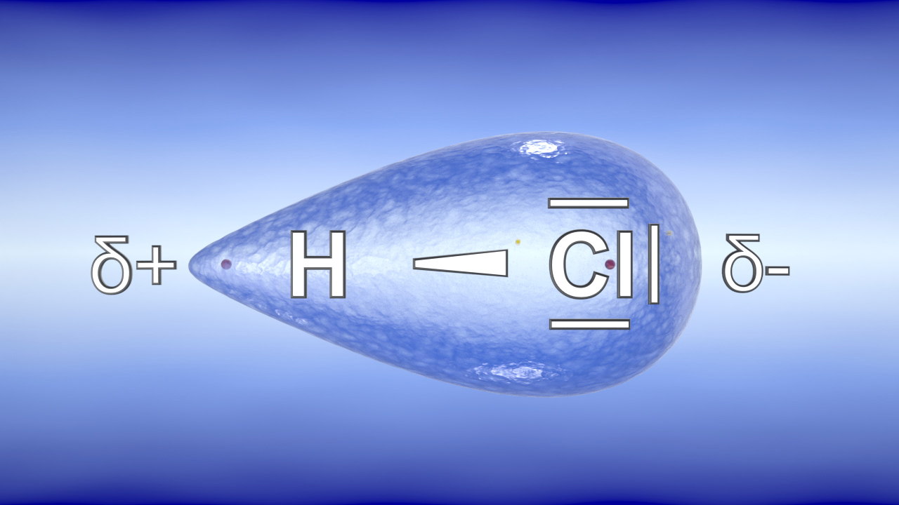 Molekülstruktur von Wasserstoffchlorid (HCl) mit polarisierten Bindungen.