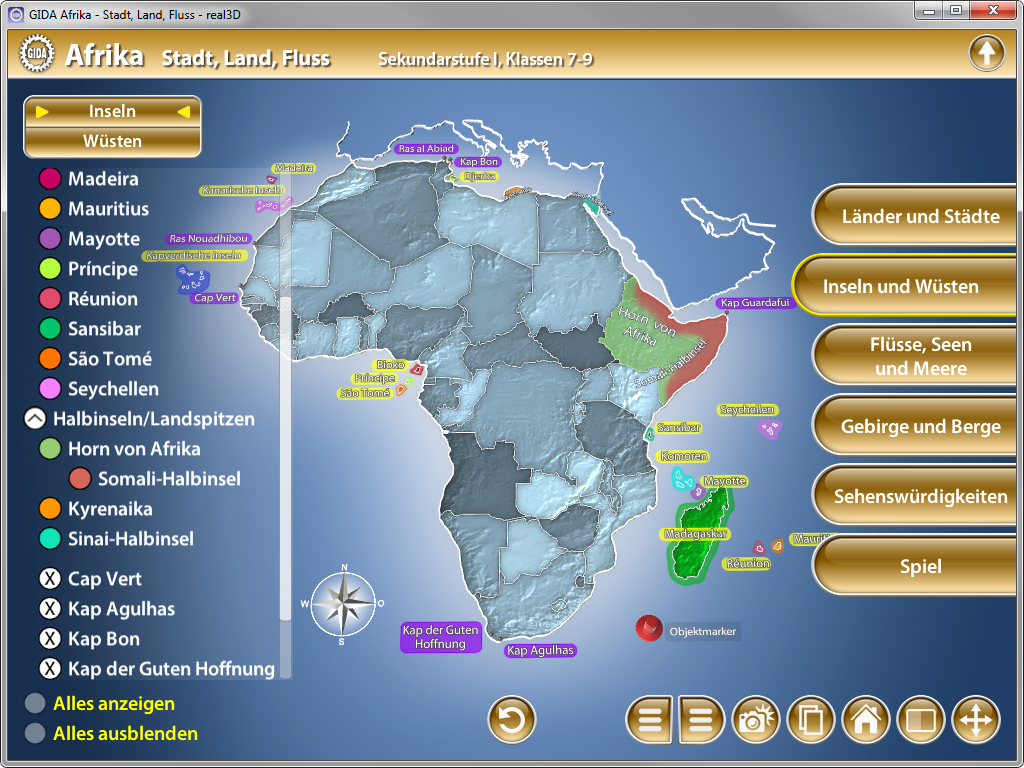 Karte von Afrika mit farblich markierten Ländern, Inseln und Wüsten, sowie interaktiven Elementen zur Erkundung.