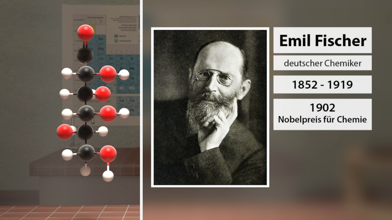 Porträt von Emil Fischer, deutscher Chemiker, mit Lebensdaten und Nobelpreis-Information.