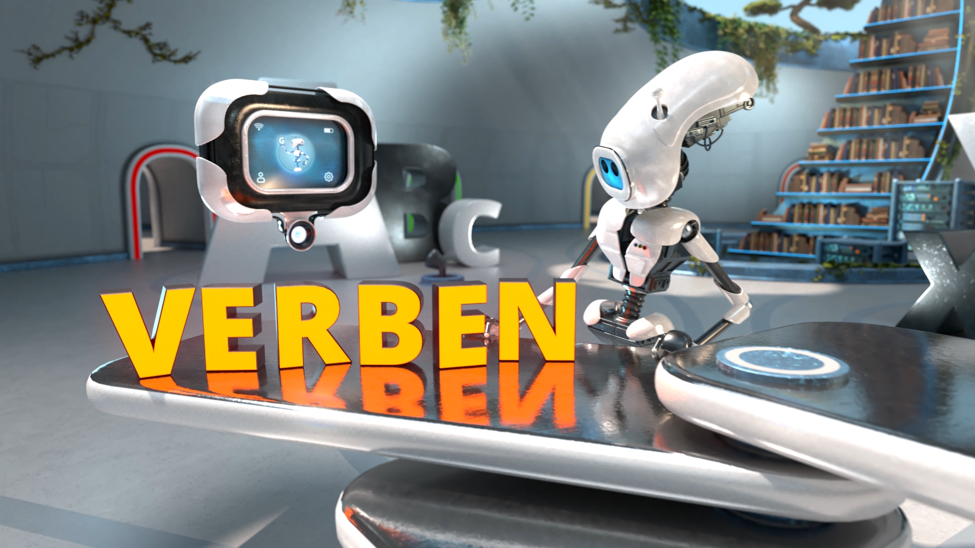 Zwei futuristische Roboter in einem modernen Raum mit dem großen, gelben Schriftzug VERBEN