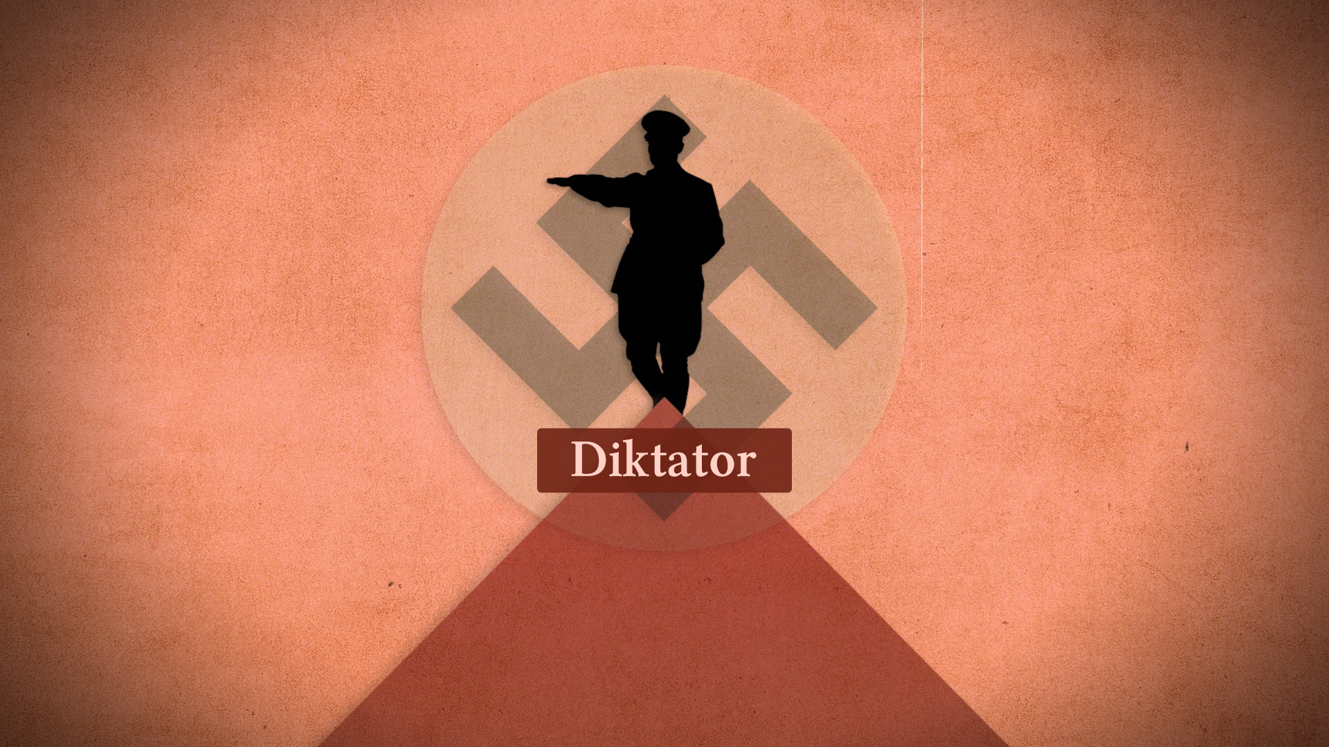 Silhouette eines Diktators vor einem Hakenkreuz-Hintergrund, mit dem Wort 'Diktator' darunter.