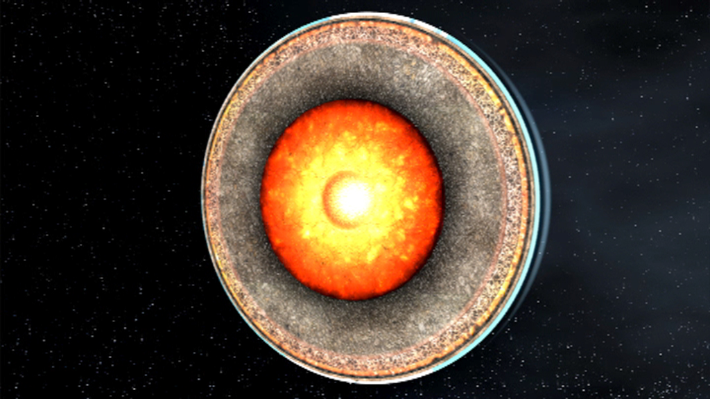 Darstellung des inneren Aufbaus eines Planeten mit einem leuchtenden Kern und mehreren Schichten.