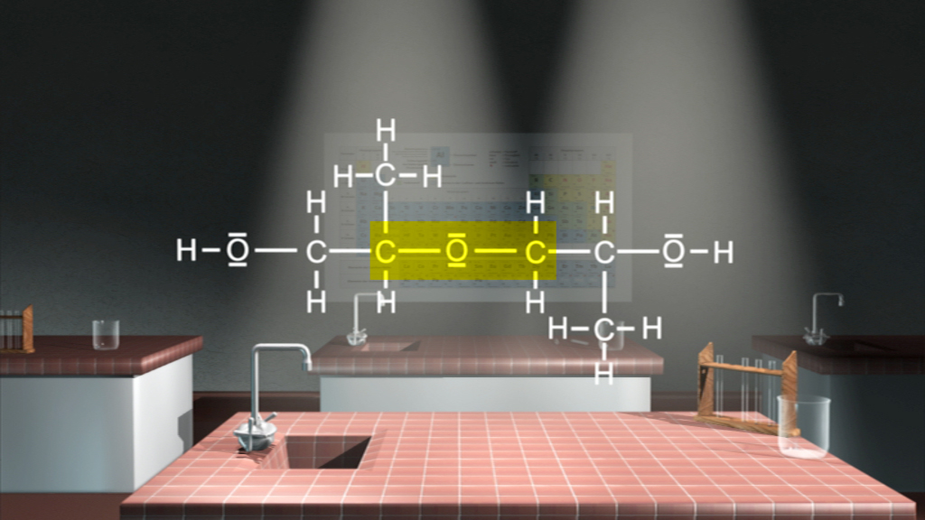 Chemische Strukturformel eines Alkens mit Doppelbindung zwischen Kohlenstoffatomen, gelb hervorgehoben.