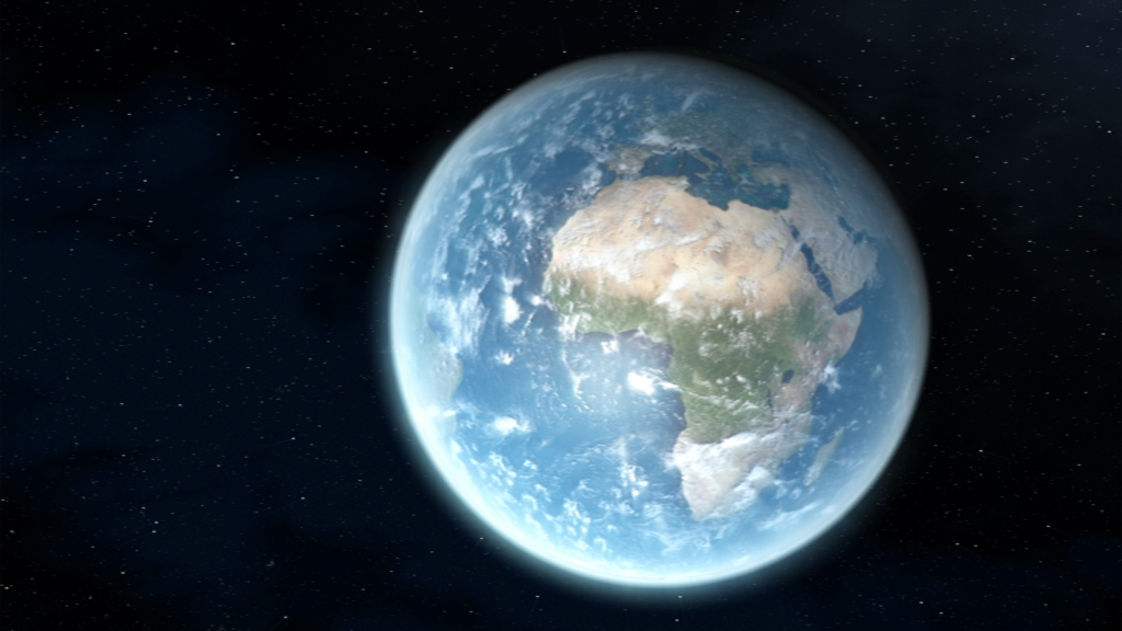 Ansicht der Erde aus dem Weltraum, mit Fokus auf Afrika und Wolkenformationen.