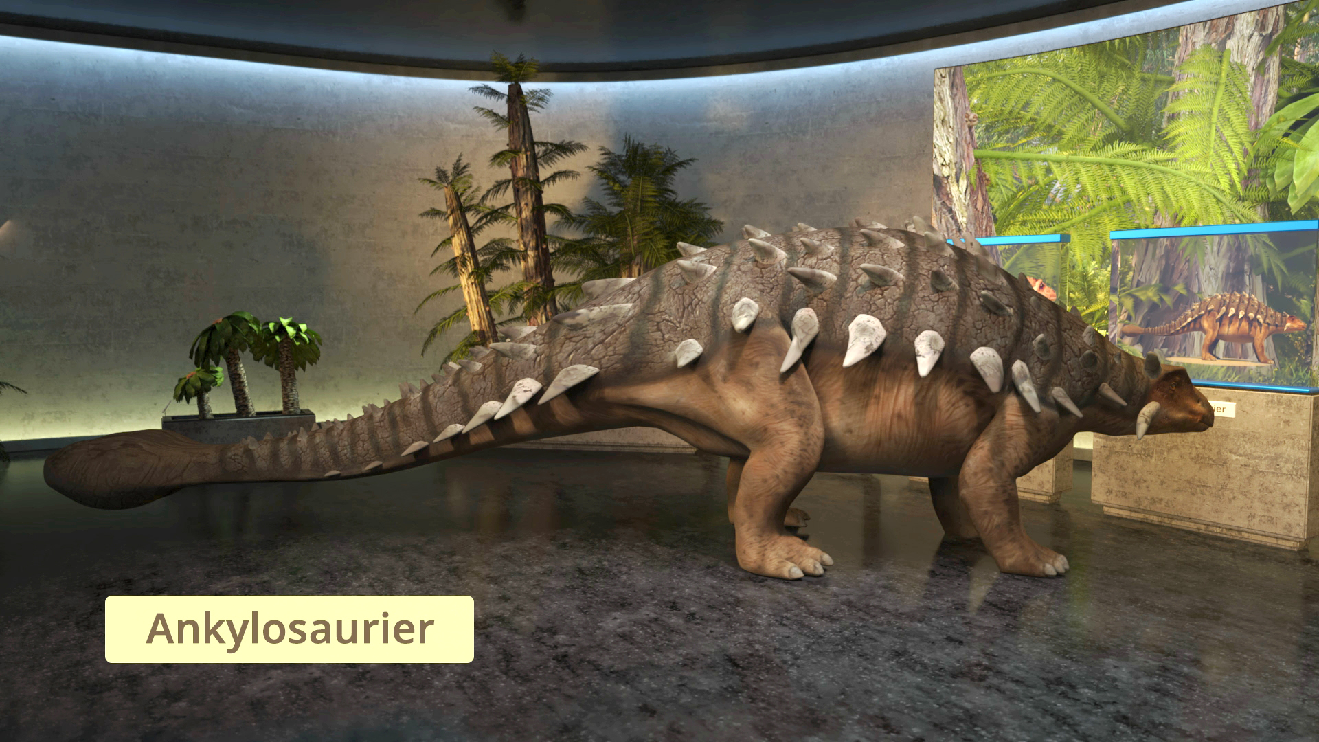 Ein Ankylosaurier steht in einem Raum mit Pflanzen im Hintergrund. Der Dinosaurier hat einen massiven Körper, einen stacheligen Rücken und einen gepanzerten Schwanz. Sichtbarer Text: 'Ankylosaurier'.