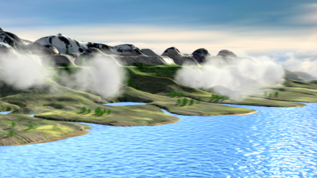 Eine digitale Landschaft mit Bergen, Wolken und einem blauen Gewässer.