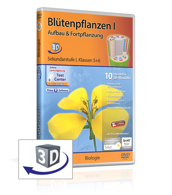 DVD-Cover für 'Blütenpflanzen I', zeigt eine gelbe Blüte und enthält 10 interaktive 3D-Modelle für den Biologieunterricht.