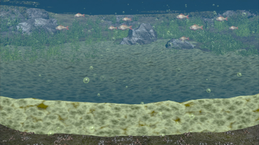 Unterwasserlandschaft mit Fischen, Steinen und Luftblasen.