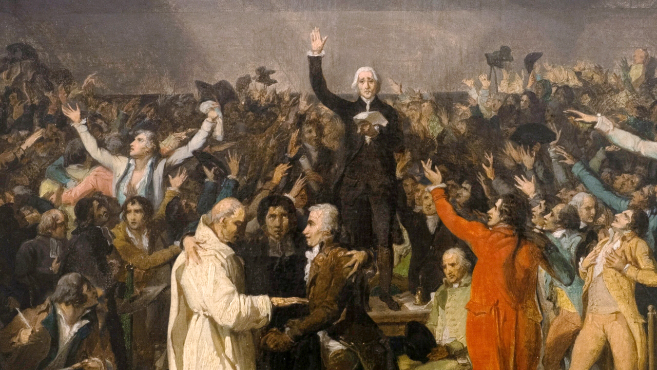 Historische Darstellung einer Menschenmenge, die einen Anführer feiert, während einige Personen auf Podesten stehen und die Arme heben.