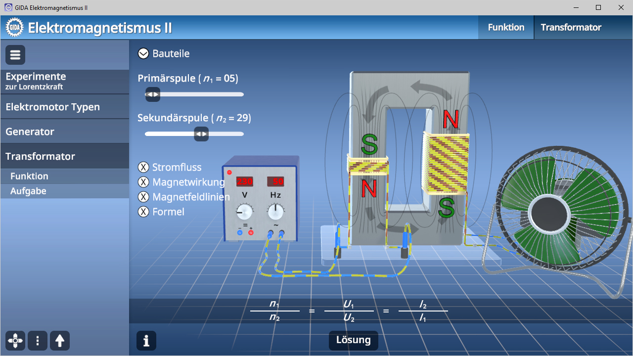 Interaktive Simulation zum Elektromagnetismus mit Primär- und Sekundärspule, Generator und Transformator.