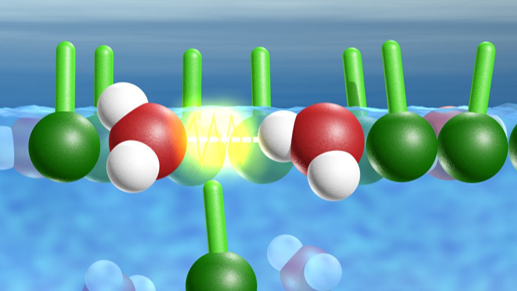 Molekulare Darstellung von Wasserstoff- und Sauerstoffatomen in einer Flüssigkeit, mit farbigen Kugeln zur Darstellung der Atome.