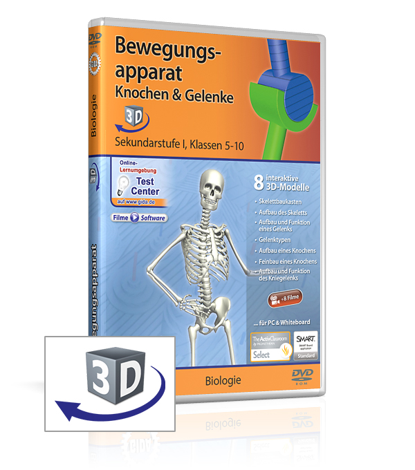 DVD-Cover für 'Bewegungsapparat: Knochen & Gelenke' mit 3D-Modellen für Biologie, geeignet für Klassen 5-10.