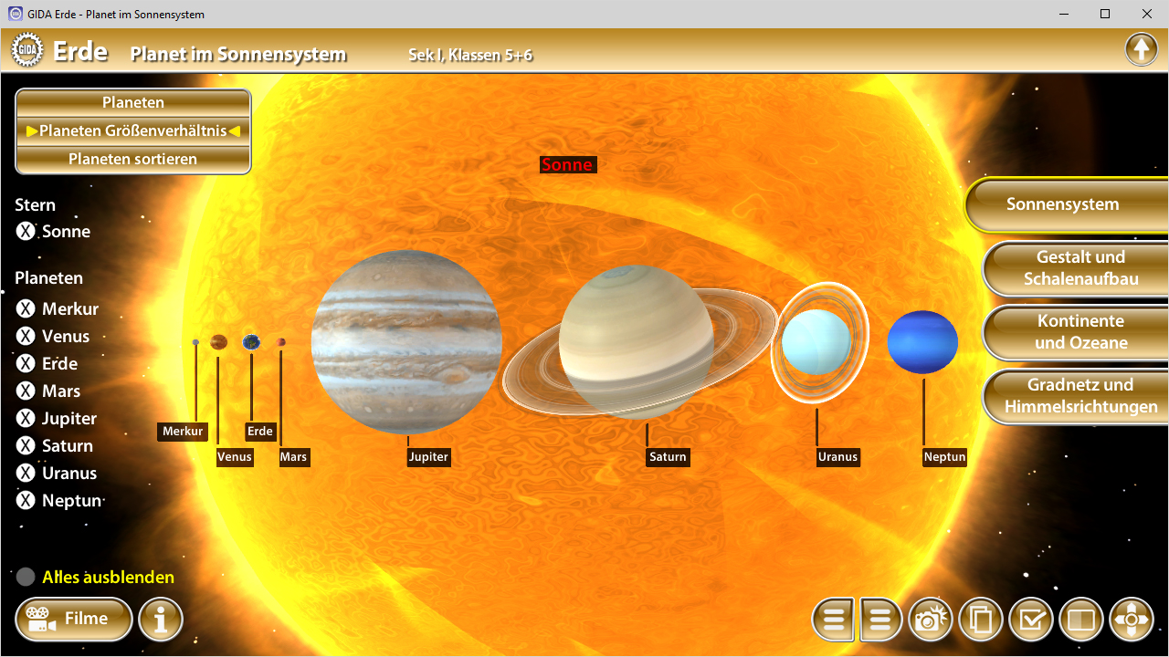 Interaktive Darstellung des Sonnensystems mit Planeten und der Sonne, einschließlich Informationen über Größe und Position der Planeten.